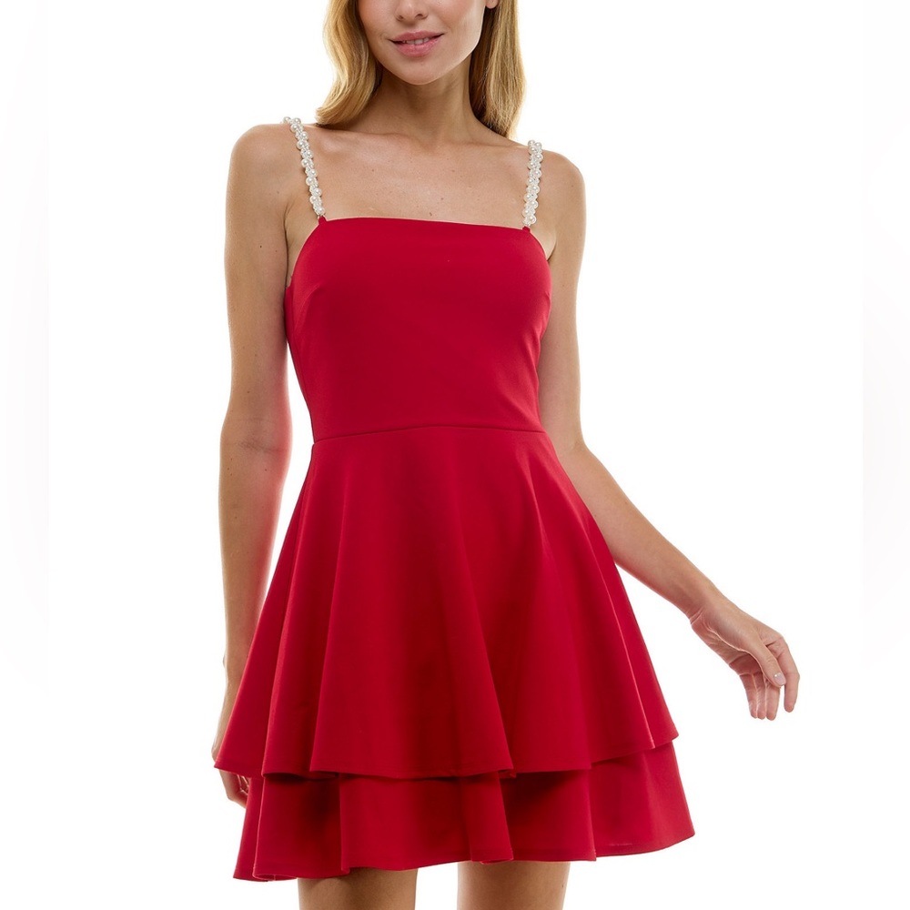 Juniors' Pearl-Strap Sleeveless Tiered Fit & Flare Dress